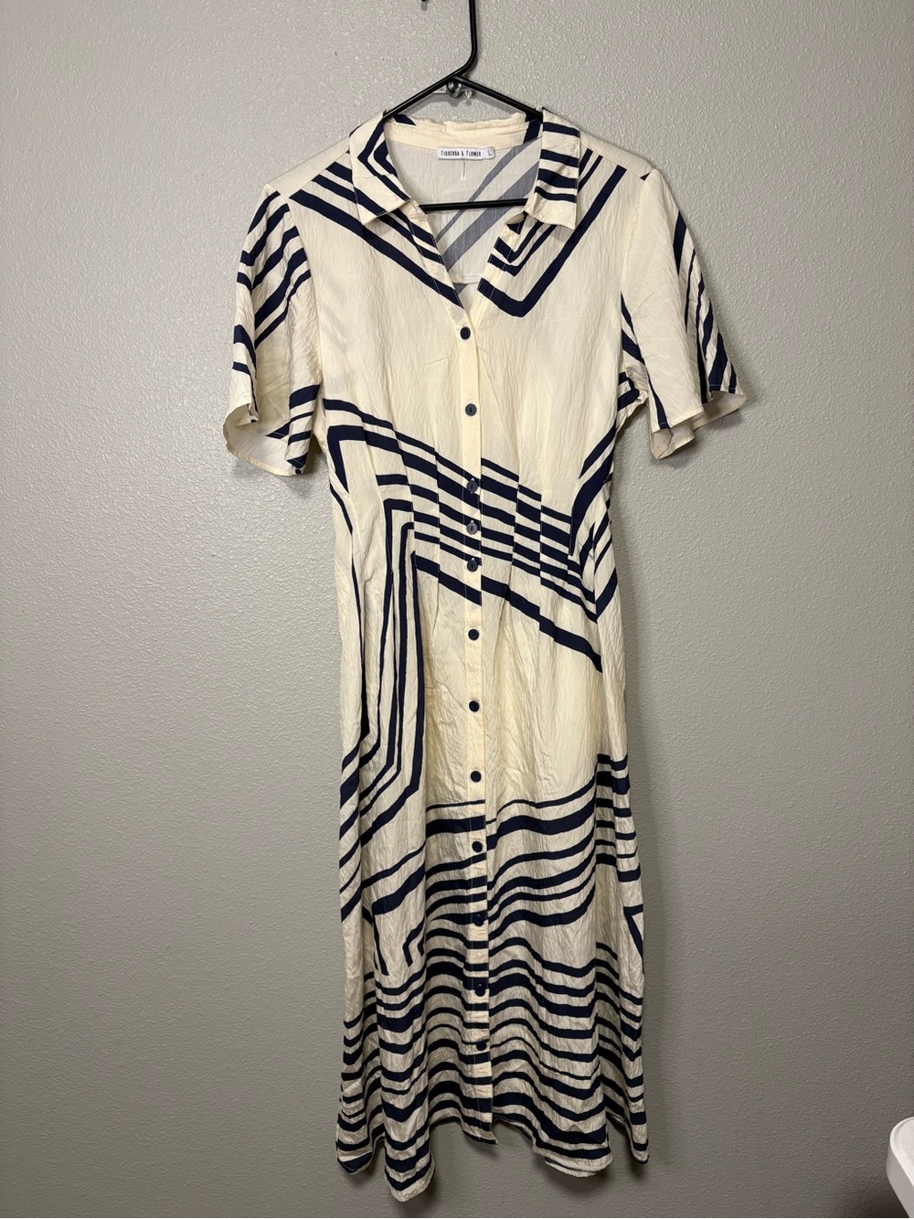 Button-Front Striped Midi Dress - Navy on Cream